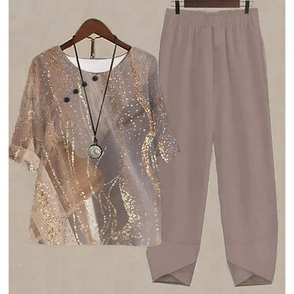 Nuevo conjunto de dos piezas para mujer, informal, cuello redondo, manga corta, estampado a rayas, top de verano para mujer, camiseta, pantalones holgados elegantes, trajes de otoño