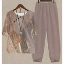 New Two Piece Set Women Casual O Neck Short Sleeve Stripe Printed Fit Summer Ladies Tops T Shirt Elegant Loose Pants Suits Fall