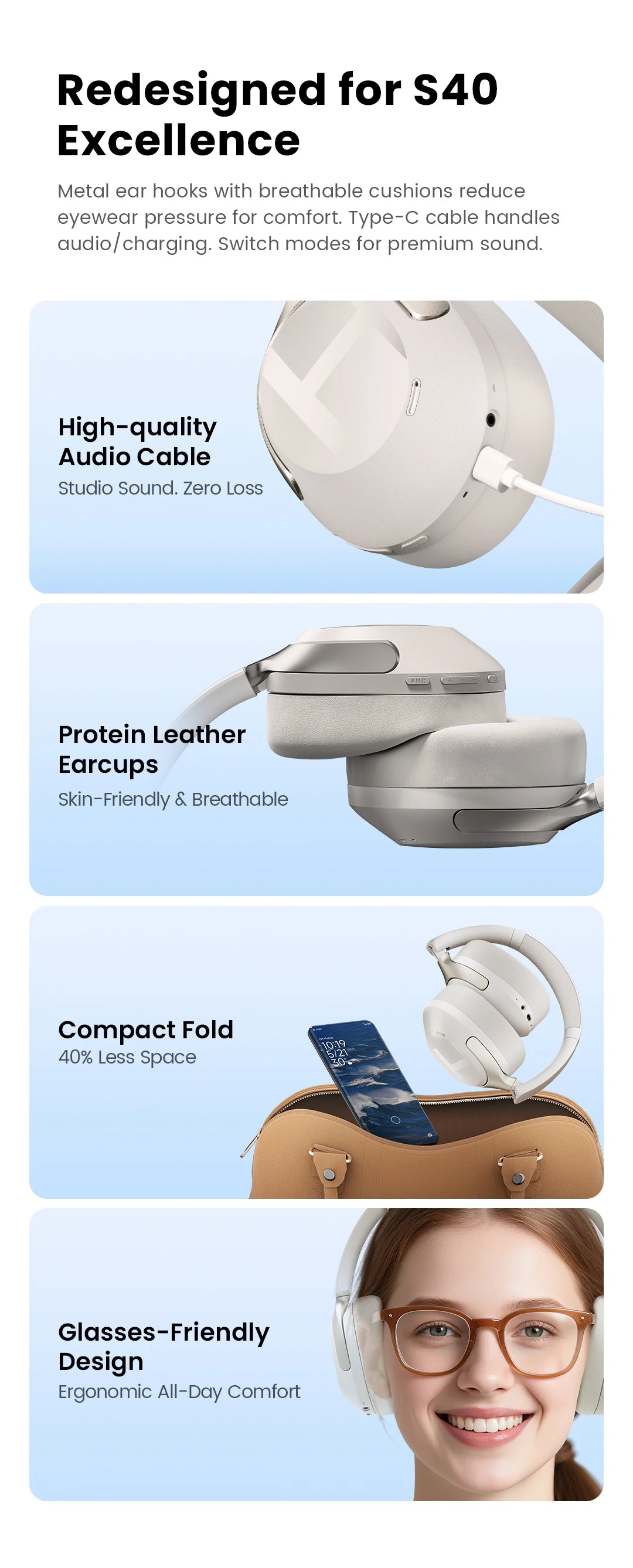 Fone de Ouvido Sem Fio HAYLOU S40 ANC com Cancelamento de Ruído de 50dB, Áudio Espacial 3D Hi-Res, LDAC, Bluetooth 6.0 e Design Over-Ear
