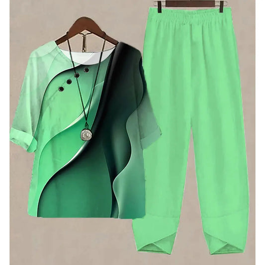 New Two Piece Set Women Casual O Neck Short Sleeve Stripe Printed Fit Summer Ladies Tops T Shirt Elegant Loose Pants Suits Fall