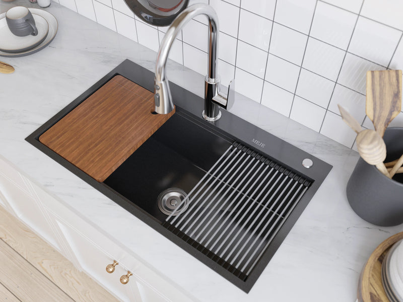 MEJE 80 x 46 Cm Drop-in 11 Gauge Stainless Steel Workstation Kitchen Sink ,Large Single Bowl,  Color Black，Grey