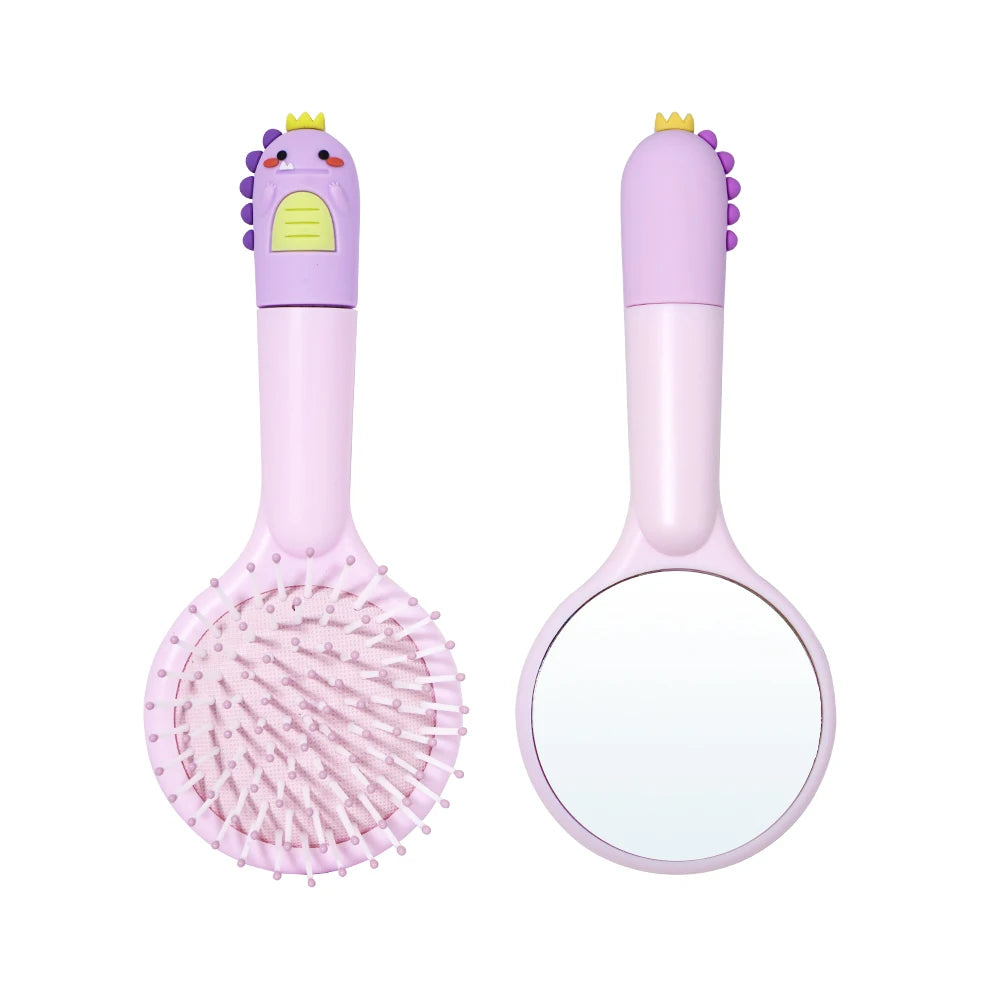 Cute Cartoon Dinosaur Hair Brush Set Detangling Mini Brush Set Travel Protable Comb Folding Mirror for Child Baby Girls Boys