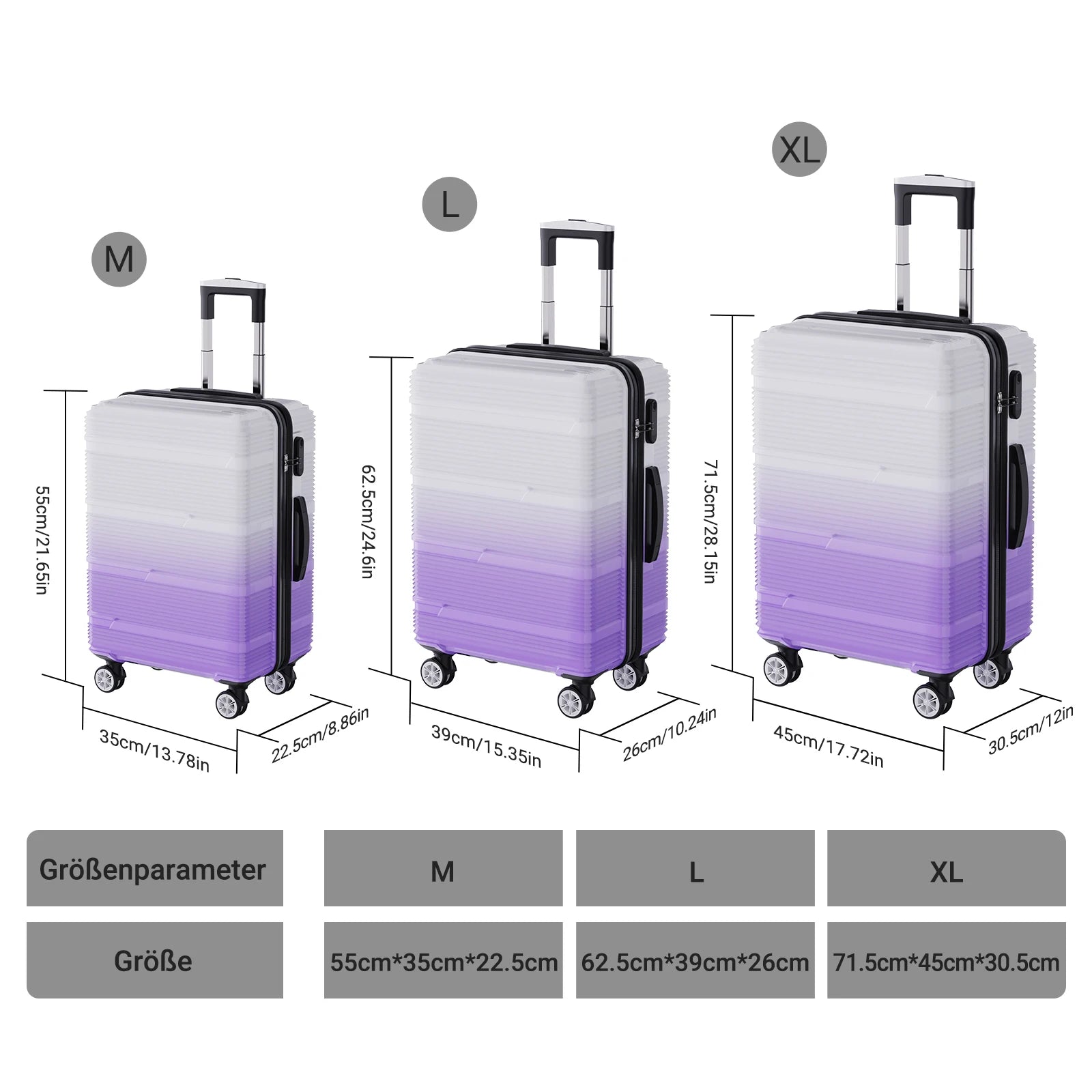 Anajqaqia 3-Piece Travel Suitcase Set with Wheels and Lock, Hard-Shell Trolley, Telescopic Handle, M, L, XL, Silvery