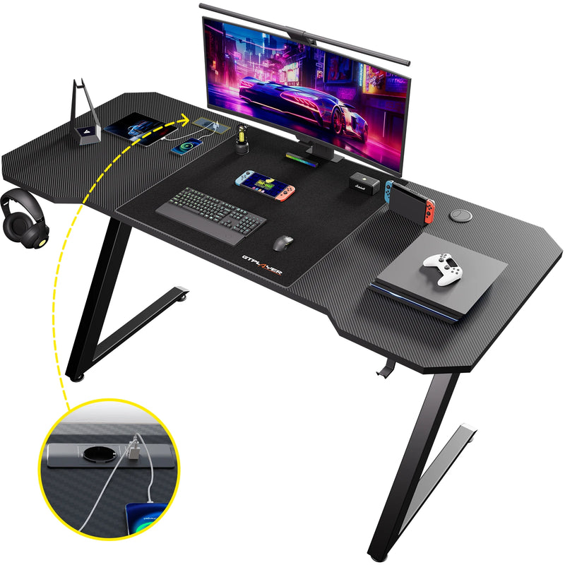 GTPLAYER Gaming table, Gaming desk 120x60cm, PC table Gamer table with Carbon Fiber Surface/LED/socket, Black