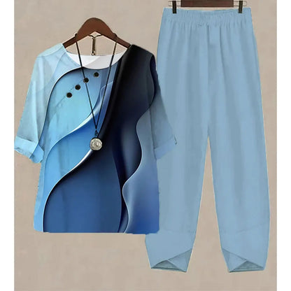 Nuevo conjunto de dos piezas para mujer, informal, cuello redondo, manga corta, estampado a rayas, top de verano para mujer, camiseta, pantalones holgados elegantes, trajes de otoño