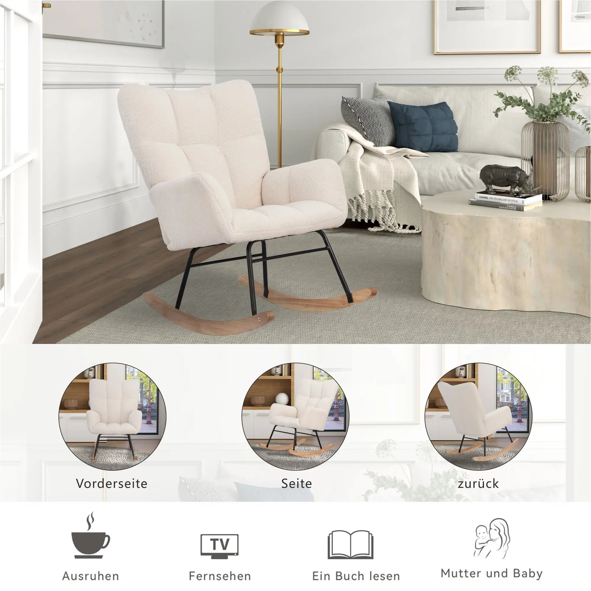 Anajqaqia Rocking Chair, Armchair, Upholstered Swing Chair with High Backrest, for Living Room Bedroom Balcony, Lambswool, Beige