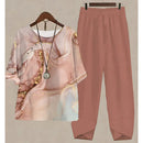 New Two Piece Set Women Casual O Neck Short Sleeve Stripe Printed Fit Summer Ladies Tops T Shirt Elegant Loose Pants Suits Fall