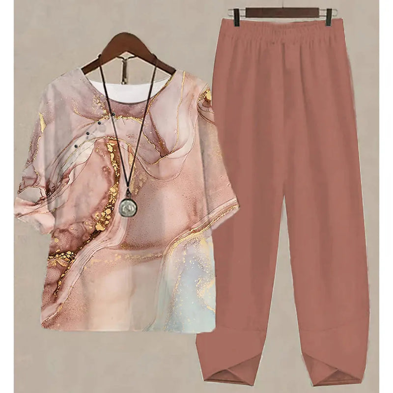 New Two Piece Set Women Casual O Neck Short Sleeve Stripe Printed Fit Summer Ladies Tops T Shirt Elegant Loose Pants Suits Fall