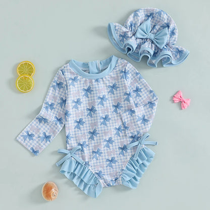 Traje de baño de verano para niñas pequeñas, estampado floral, sin espalda, con volantes, manga larga, ropa de playa para niñas de 0 a 4 años