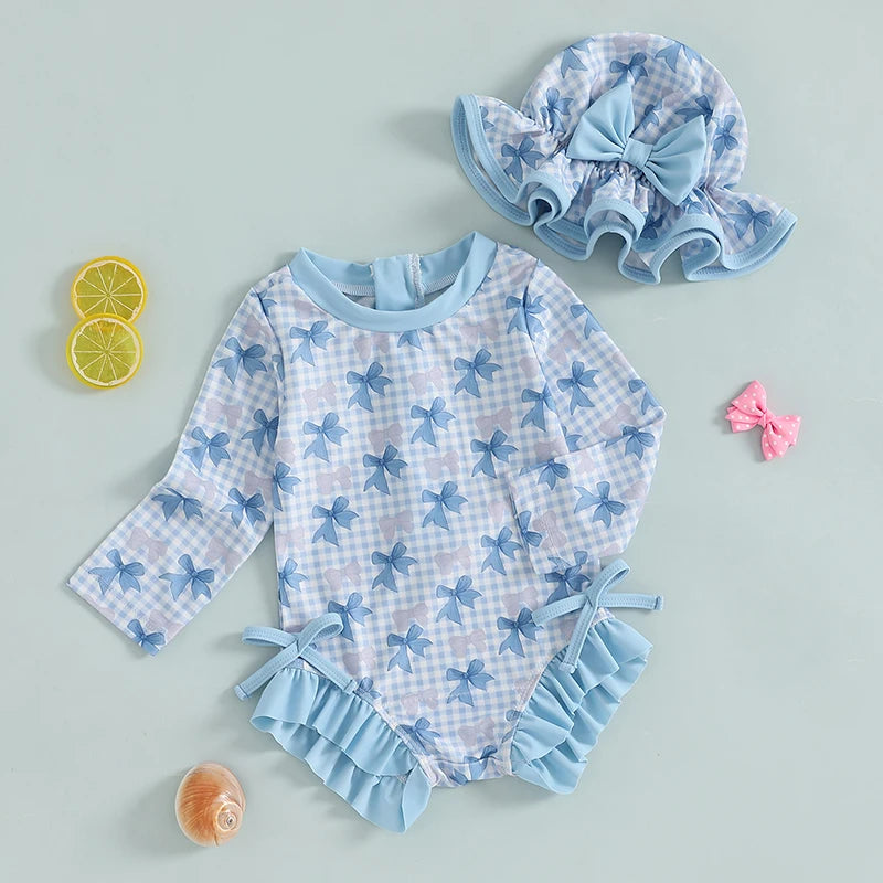 Kids Baby Girl Summer Swimwear Floral Print Backless Ruffles Long Sleeve Bodysuit Bathing Suit Girls Beachwear 0-4 Years