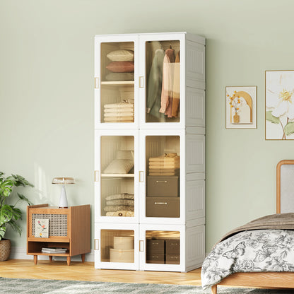 Anajqaqia 69x50x170cm Foldable Closet Wardrobe with 6 Cubes and 1 Hanging Rail, Multi-Purpose Cabinet with Magnetic Doors, PP