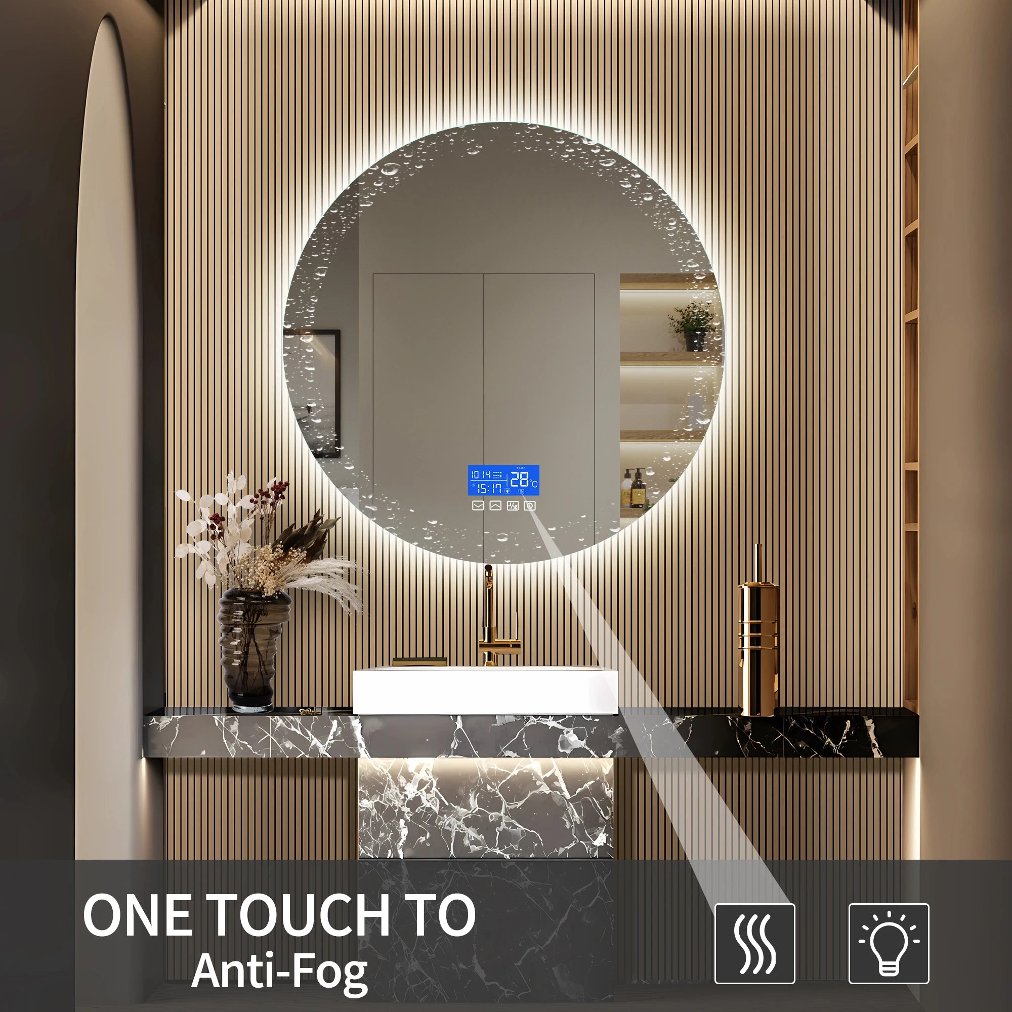 Anajqaqia 100x100cm Bathroom Mirror with LED Lighting, with 3 Adjustable Brightnesses, Temperature Display and Anti-Fog, Round
