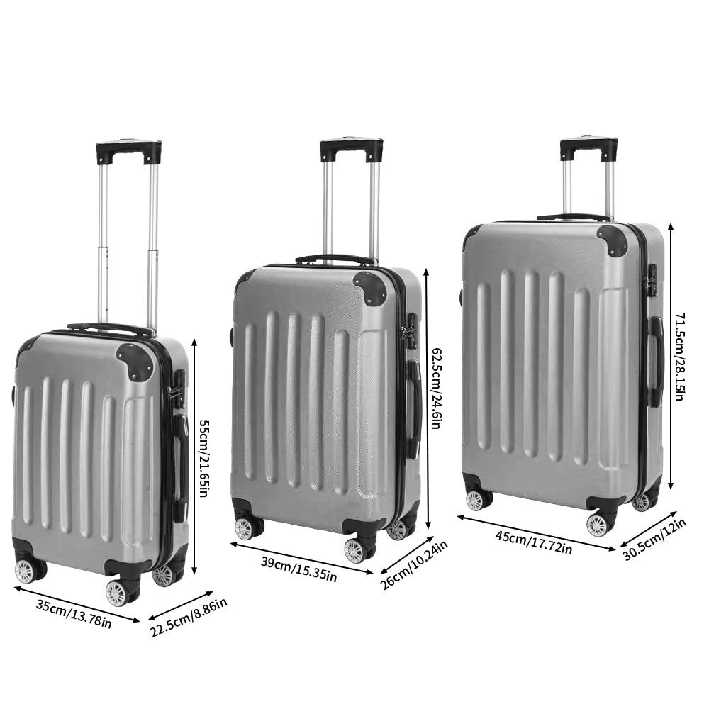 Anajqaqia 3-Piece Travel Suitcase Set with Wheels and Lock, Hard-Shell Trolley, Telescopic Handle, M, L, XL, Silvery
