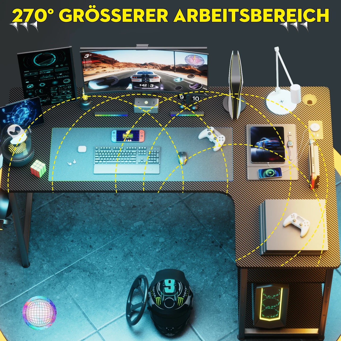 COMHOMA Desk Gaming table with Shelf, corner desk with USB charging port and socket, 120cm computer table L shape PC