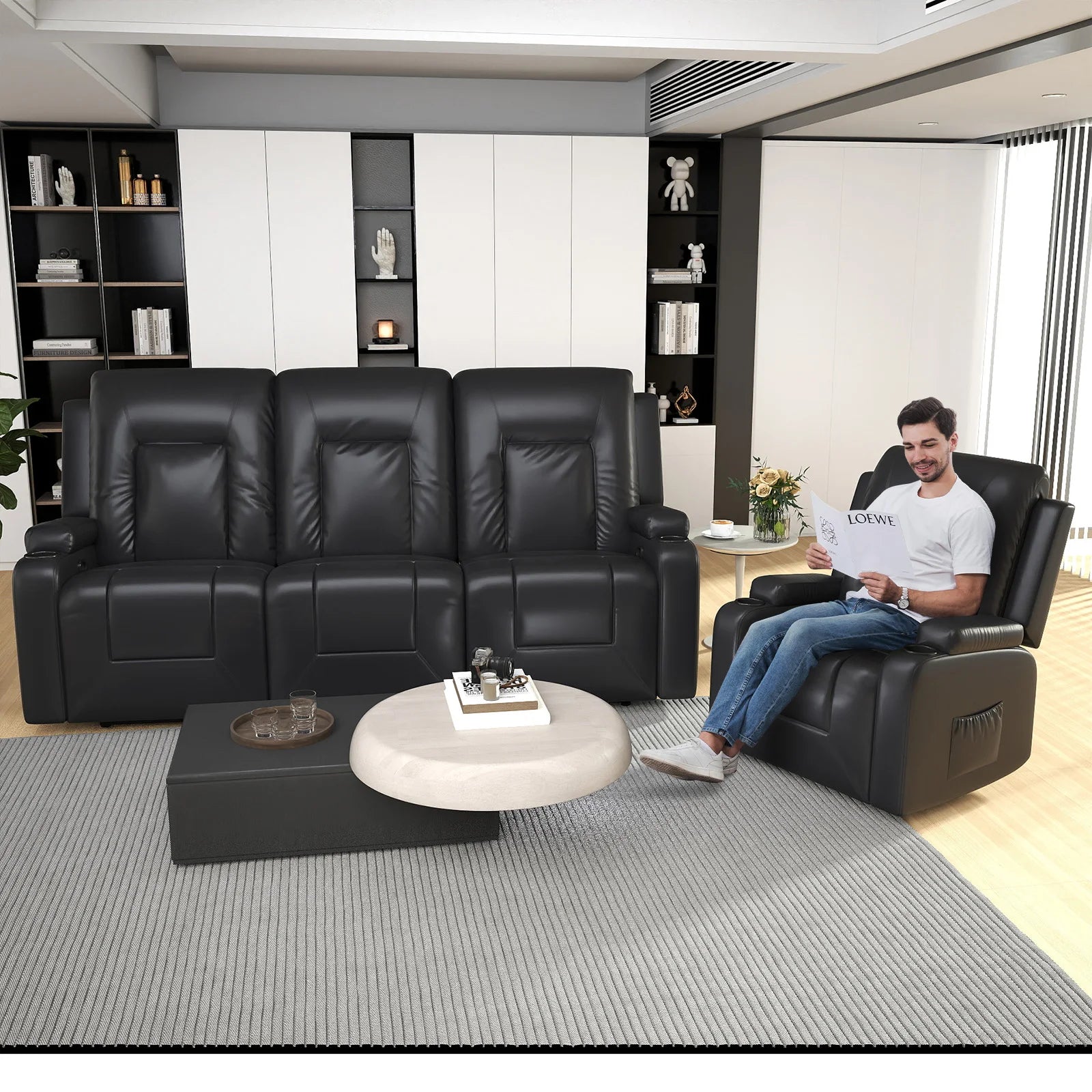 COMHOMA Recliner TV Armchair with Reclining and Footrest, Thick Backrest and Armrests, 360° Swivel
