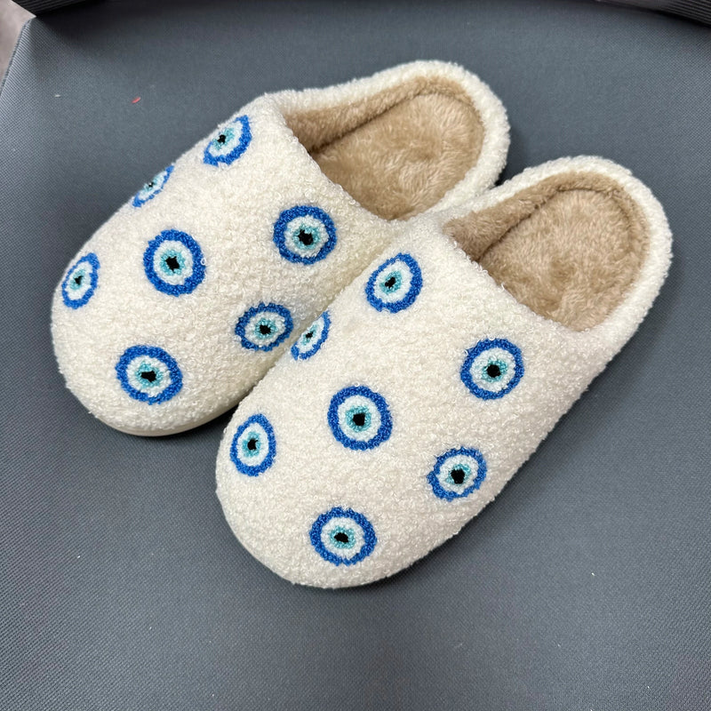 Pantuflas de felpa cálidas de invierno con diseño de ojos malvados pequeños azules retro de AD Ins, zapatos cómodos de moda 