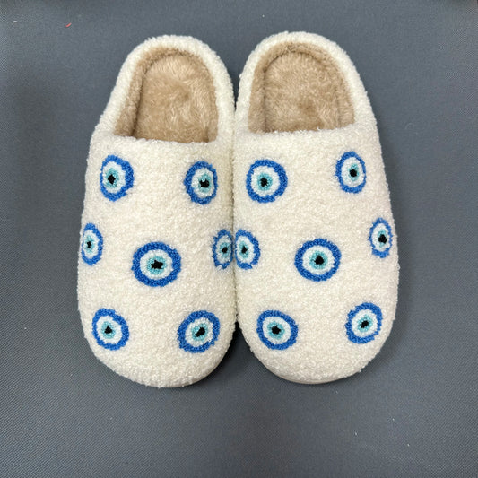 Pantuflas de felpa cálidas de invierno con diseño de ojos malvados pequeños azules retro de AD Ins, zapatos cómodos de moda 
