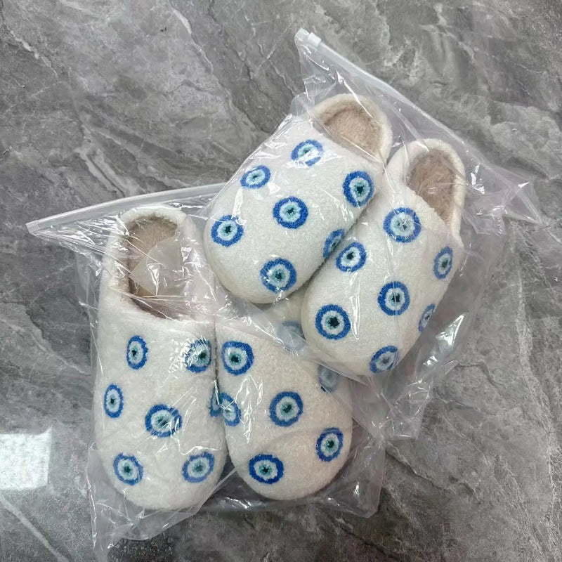 Pantuflas de felpa cálidas de invierno con diseño de ojos malvados pequeños azules retro de AD Ins, zapatos cómodos de moda 