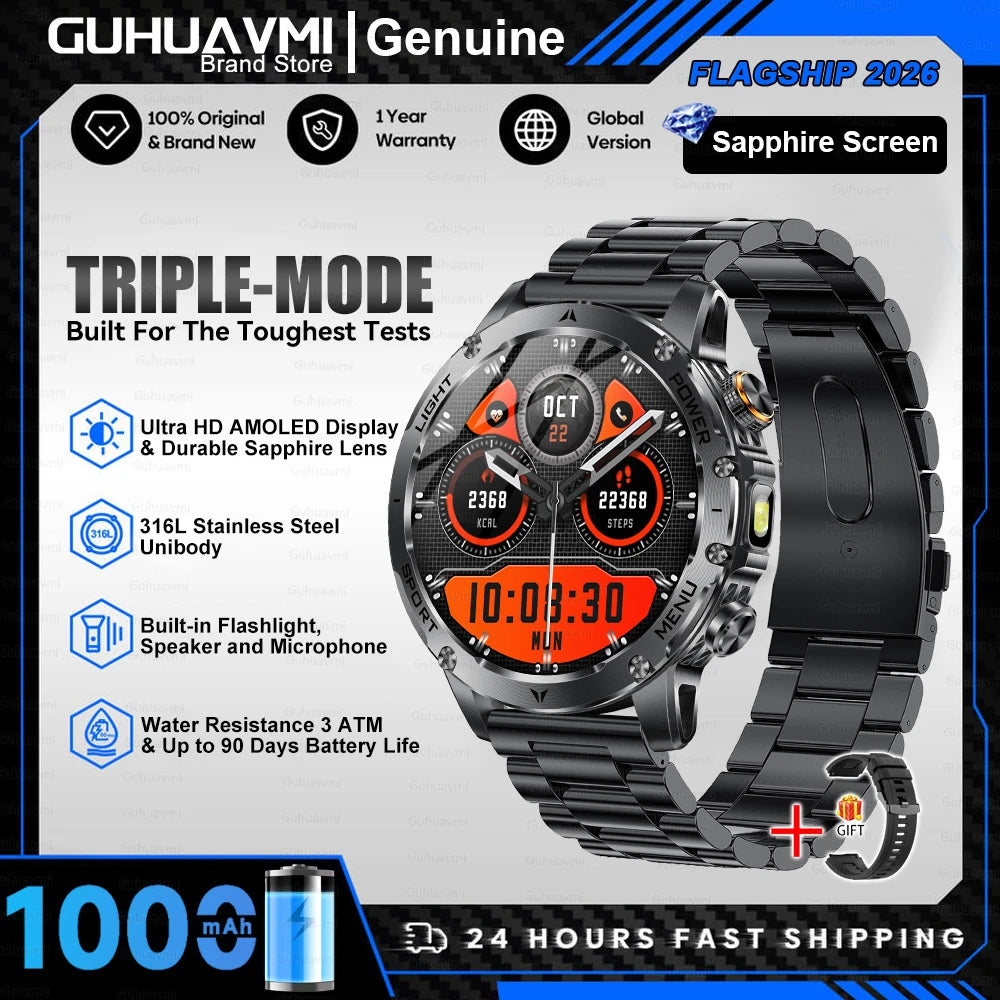 Novo Smartwatch Militar para Atividades ao Ar Livre (Modelo 2026) – Bateria de 1000 mAh de Longa Duração, Monitoramento de Fitness, À Prova d'Água, Estilo Tático e Esportivo