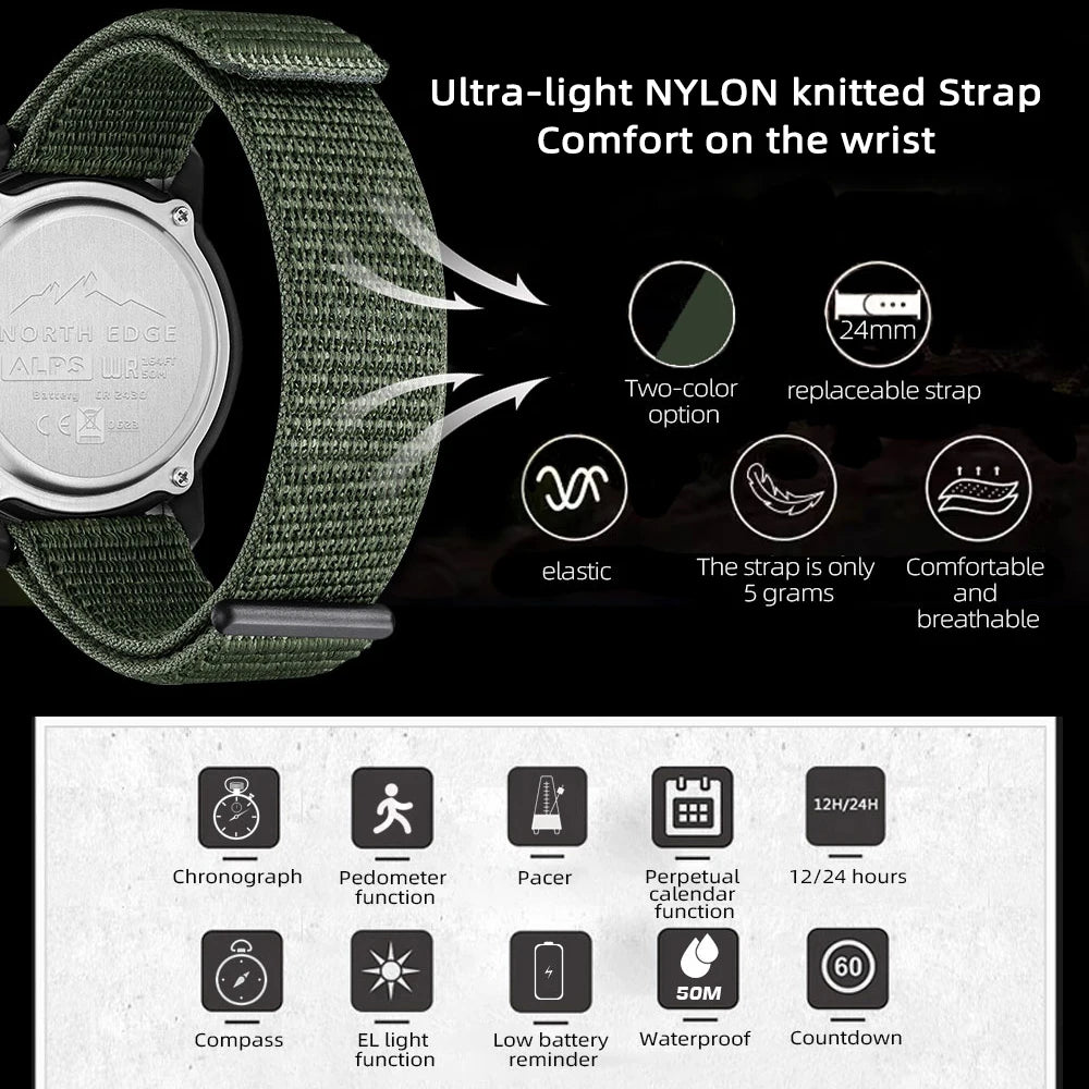 NORTH EDGE ALPS Reloj digital de fibra de carbono para hombre, resistente a golpes, deportivo, militar, superligero, con brújula para exteriores, resistente al agua hasta 50 m.