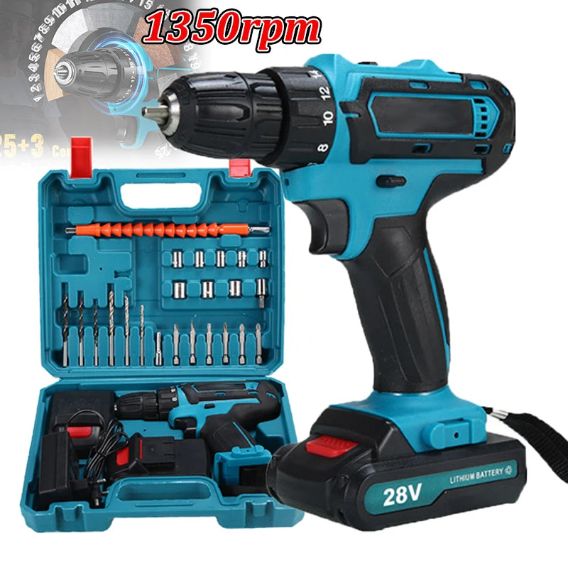 28V Cordless Impact Drill Multifunctional Screwdriver Rechargeable Electric Drill Lithium Battery 1350rpm Speed Power Tool
