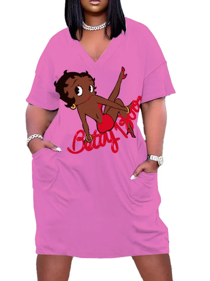 Plus size 2025 verão nova moda feminina casual com decote em v 3d impresso vestido de manga curta poliéster rosa elegante