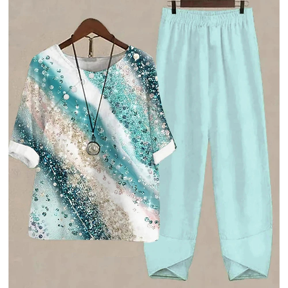 Nuevo conjunto de dos piezas para mujer, informal, cuello redondo, manga corta, estampado a rayas, top de verano para mujer, camiseta, pantalones holgados elegantes, trajes de otoño