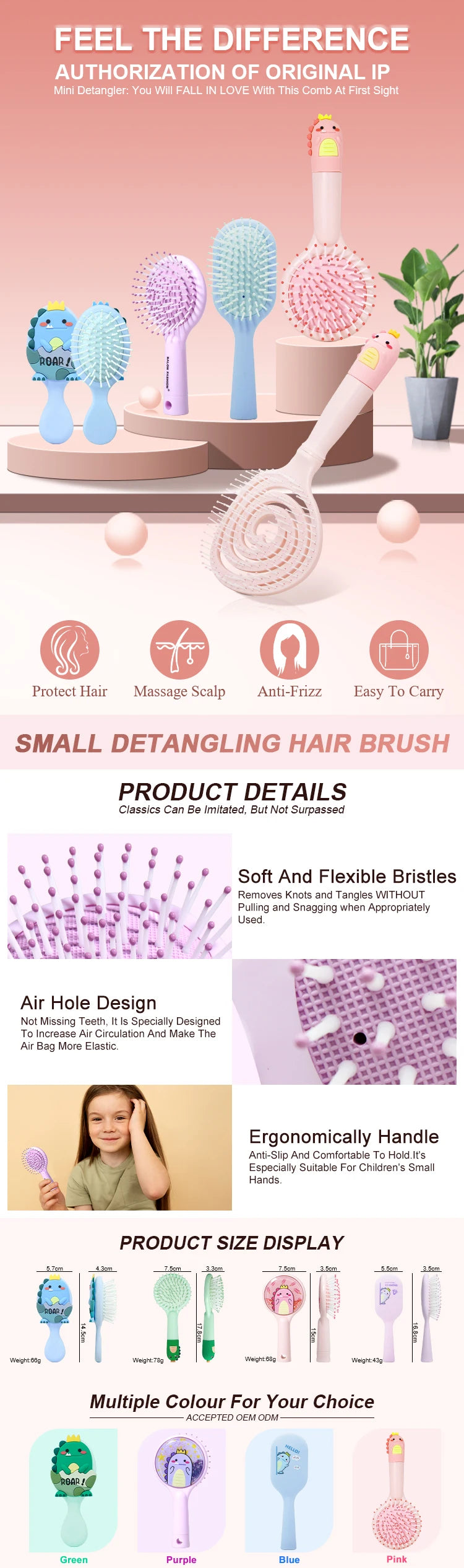 Cute Cartoon Dinosaur Hair Brush Set Detangling Mini Brush Set Travel Protable Comb Folding Mirror for Child Baby Girls Boys