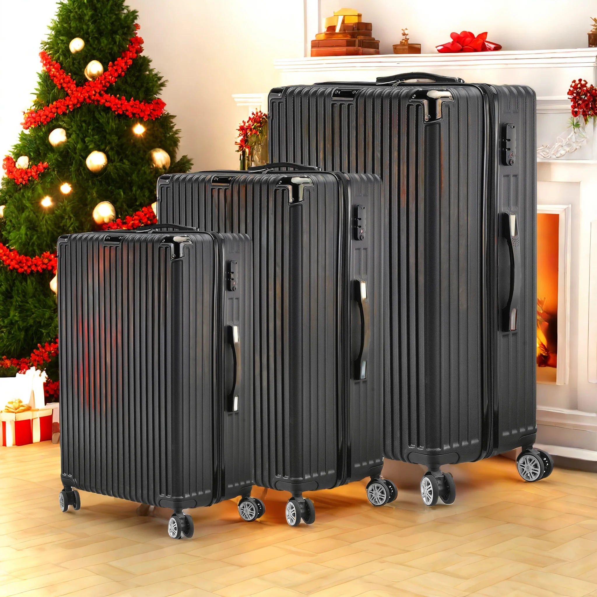 3-Piece Hard Shell Suitcase Set, Trolley Carry-on Luggage, Travel Suitcase Set, Trolley Set with TSA Lock and 4 Wheels, Rolling Suitcase, Luggage Sets, Black (M, L & XL)