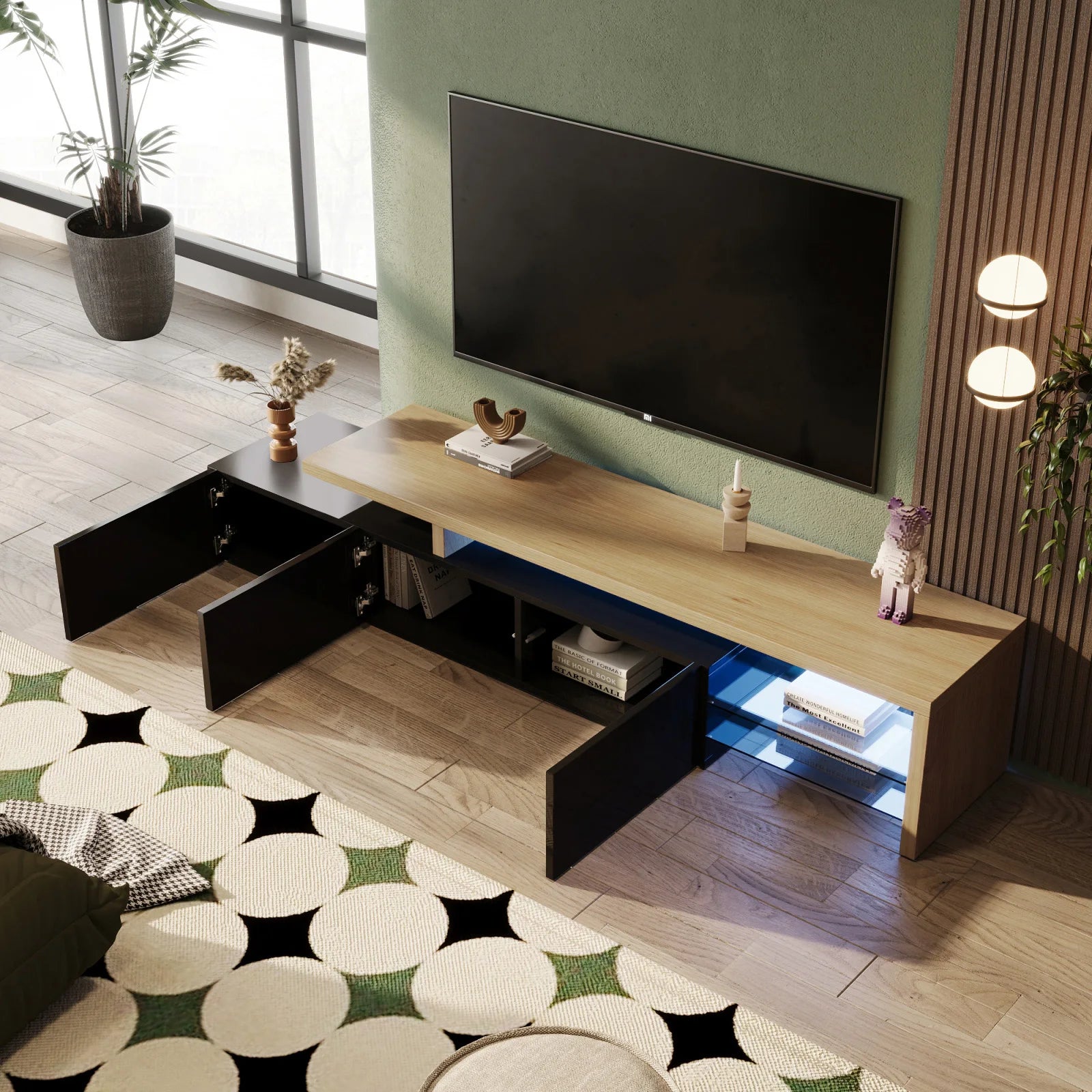ROSAHQNDA Modern TV Cabinet, LED Stylish Living Room Furniture, Practical Storage Space, High-Gloss, Glass Shelves, 200x42x39cm