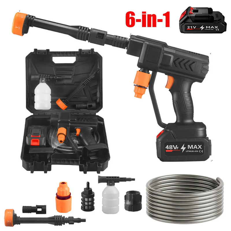 6-in-1 48V Portable Electric High Pressure Washer Cordless Efficient Car Garden Cleaning Spray Gun Tool With Battery