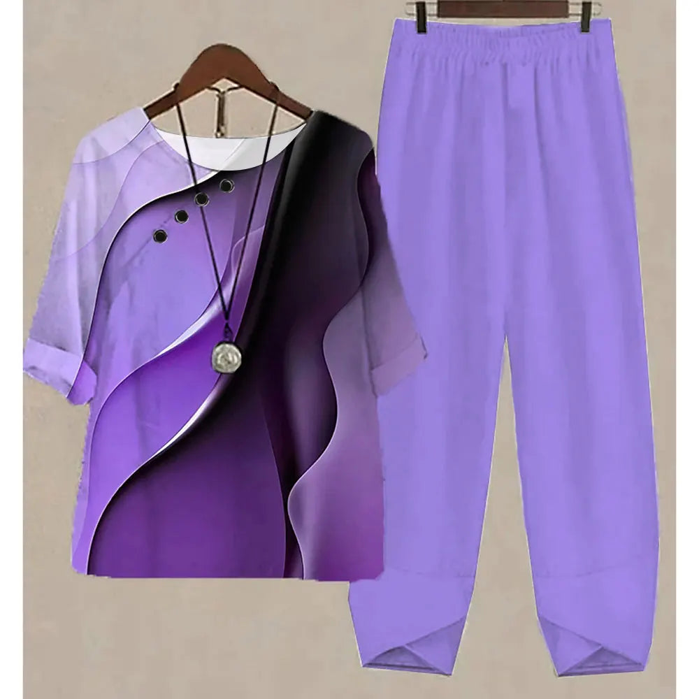 Nuevo conjunto de dos piezas para mujer, informal, cuello redondo, manga corta, estampado a rayas, top de verano para mujer, camiseta, pantalones holgados elegantes, trajes de otoño
