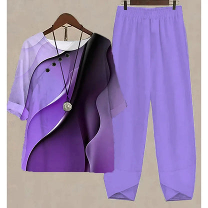 Nuevo conjunto de dos piezas para mujer, informal, cuello redondo, manga corta, estampado a rayas, top de verano para mujer, camiseta, pantalones holgados elegantes, trajes de otoño