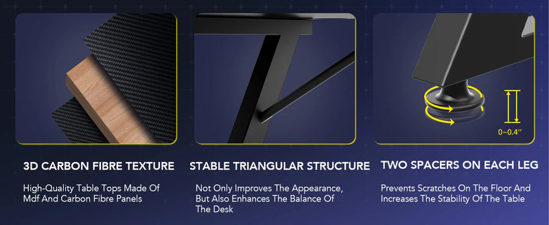 GTPLAYER Gaming table, Gaming desk 120x60cm, PC table Gamer table with Carbon Fiber Surface/LED/socket, Black