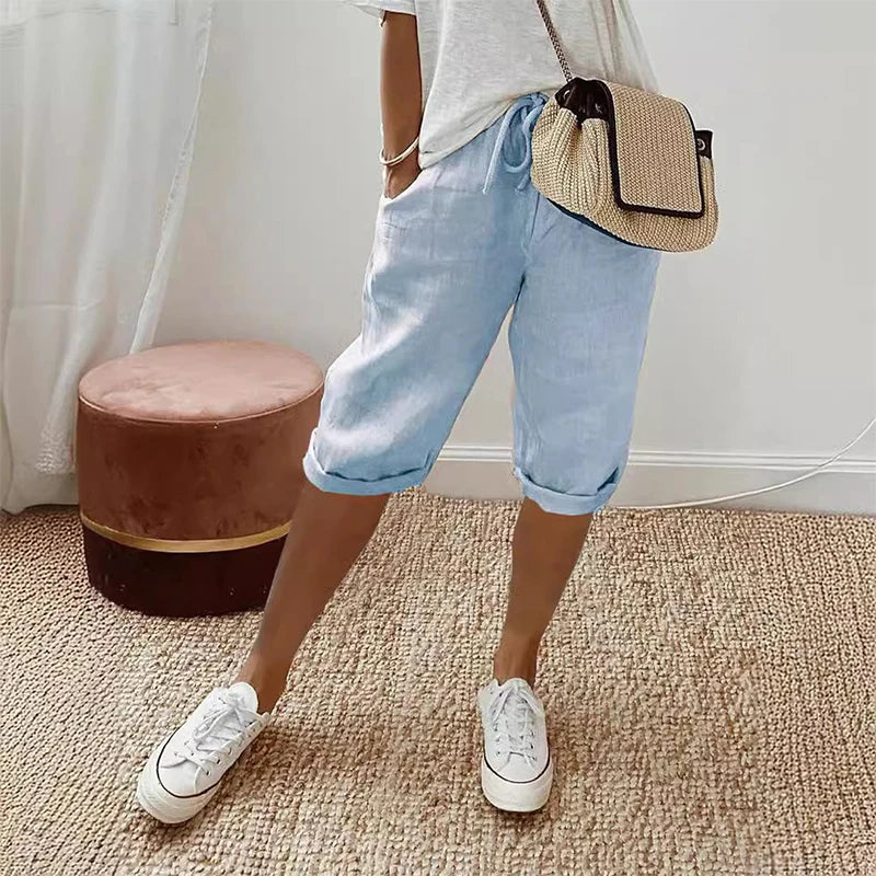 Pantalones cortos de lino y algodón con cordones para mujer, estilo vintage americano, cintura alta elástica, pierna ancha y bolsillo, estilo urbano