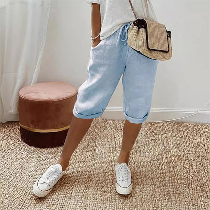 Pantalones cortos de lino y algodón con cordones para mujer, estilo vintage americano, cintura alta elástica, pierna ancha y bolsillo, estilo urbano