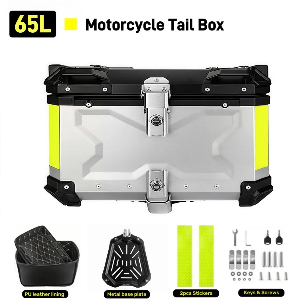 65/55/45L Aluminum Silvery Motorcycle Top Box Waterproof Rear Luggage Case Motorbike Trunk Tail Helmet Box Quick Release Toolbox