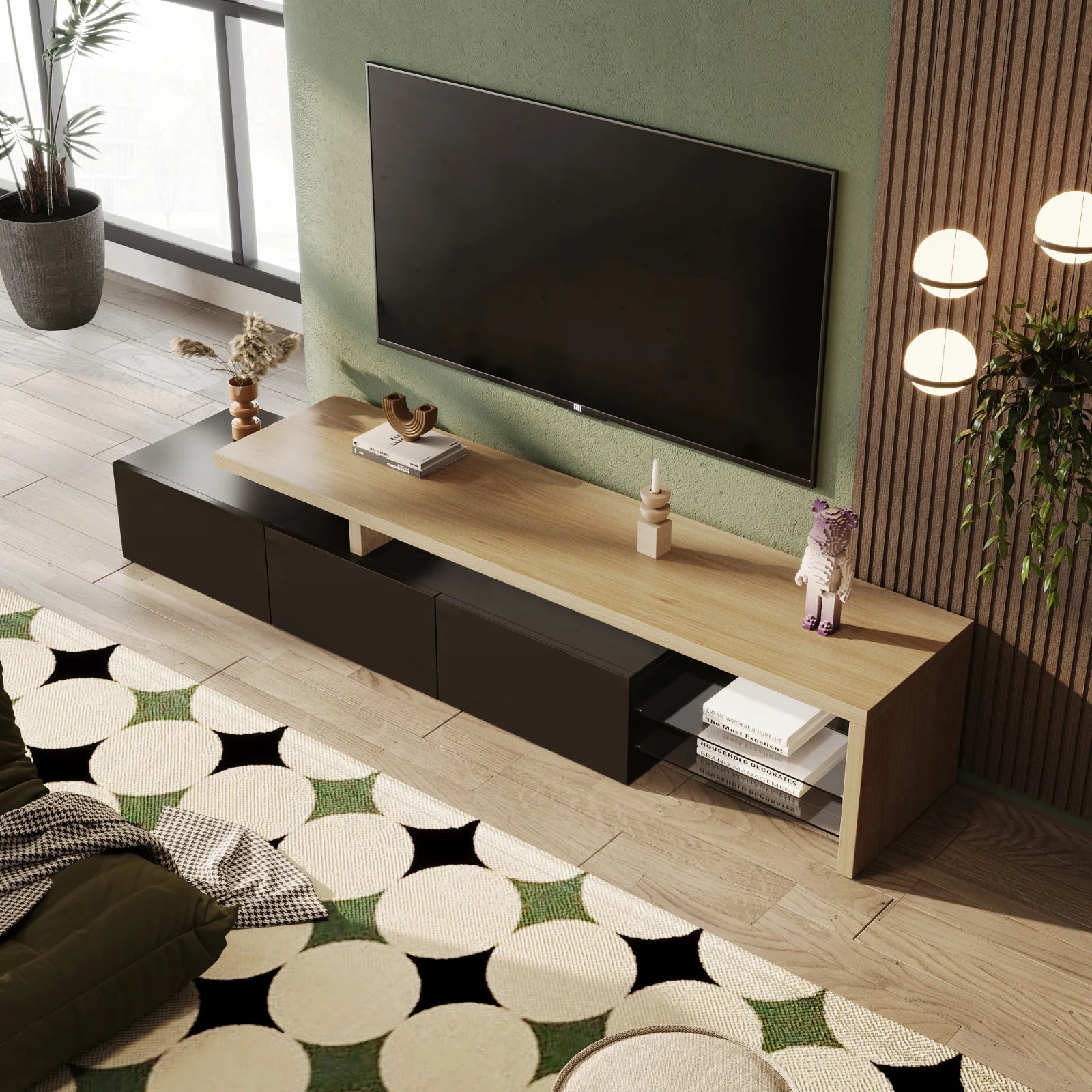 ROSAHQNDA Modern TV Cabinet, LED Stylish Living Room Furniture, Practical Storage Space, High-Gloss, Glass Shelves, 200x42x39cm