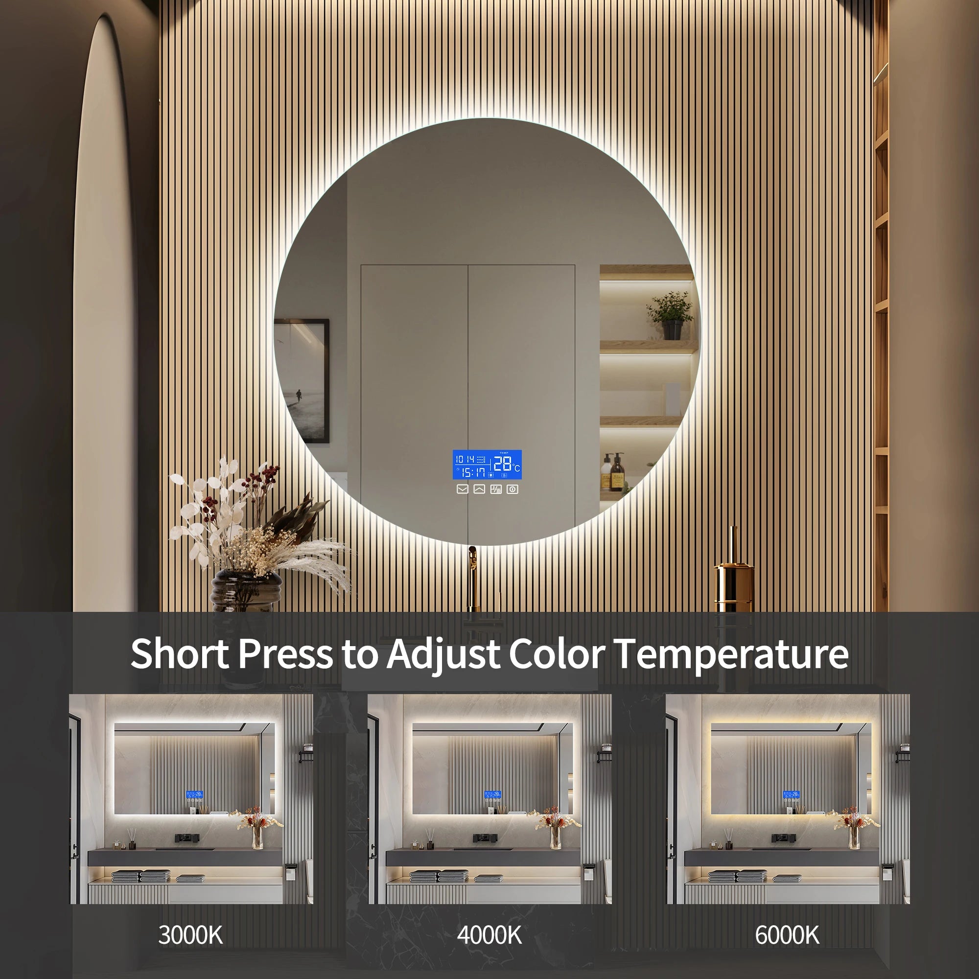 Anajqaqia 100x100cm Bathroom Mirror with LED Lighting, with 3 Adjustable Brightnesses, Temperature Display and Anti-Fog, Round