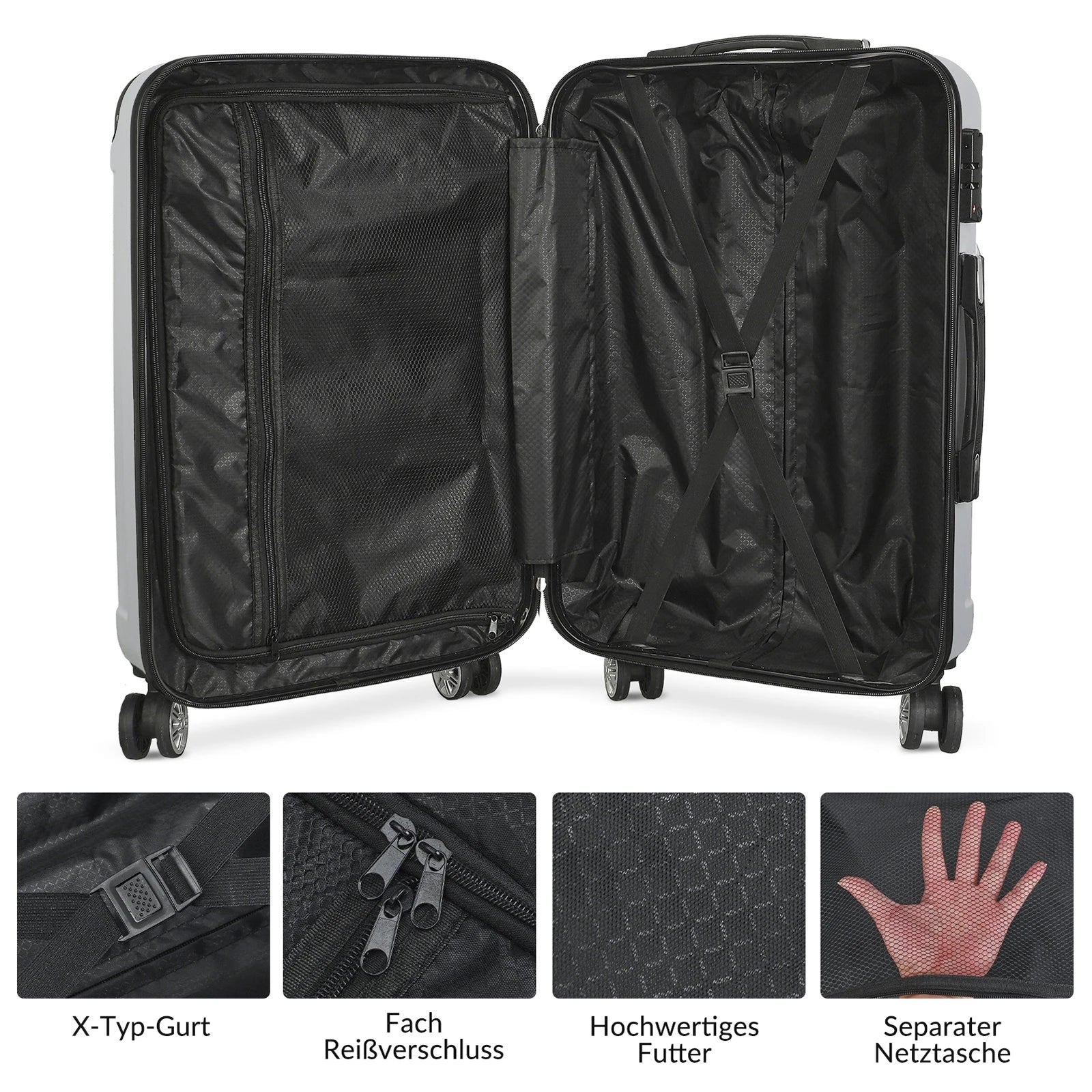 Anajqaqia 3-Piece Travel Suitcase Set with Wheels and Lock, Hard-Shell Trolley, Telescopic Handle, M, L, XL, Silvery