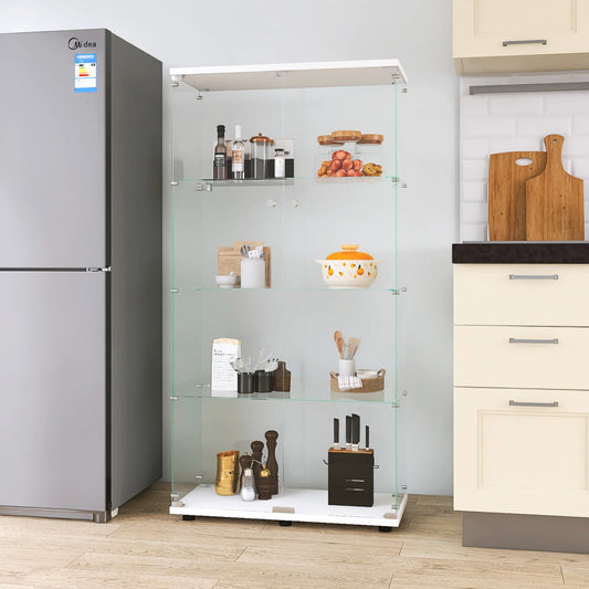 Rosahqnda glass cabinet with 4 shelves, 8 storage compartments with doors, toy storage cabinet, display case, bookshelf