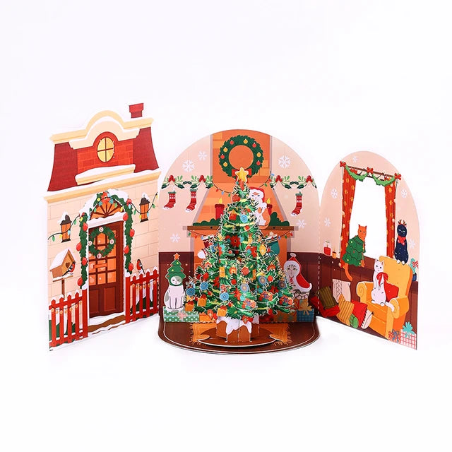 Cartões De Árvore De Natal, Cartão 3D Com Envelope, Fontes De Férias, 3 Cartões Pop Up Dimensionais, Festa De Natal Do Gato