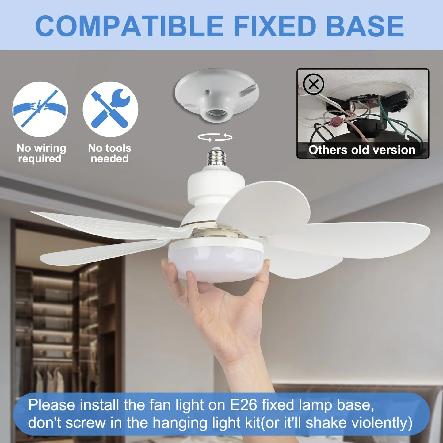 40W Socket Fan Light, 21.5" Screw Ceiling Fan with Light and Remote, E27 Socket Fan with LED for Bathroom, Bedroom, Kitchenfor