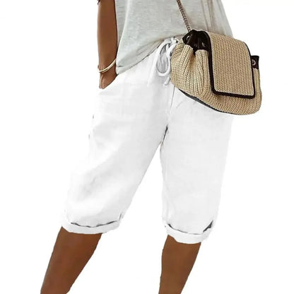 Pantalones cortos de lino y algodón con cordones para mujer, estilo vintage americano, cintura alta elástica, pierna ancha y bolsillo, estilo urbano