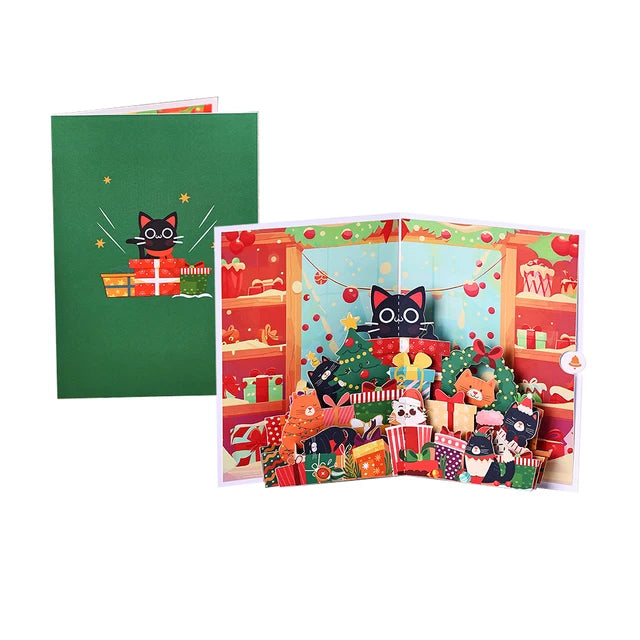 Cartões De Árvore De Natal, Cartão 3D Com Envelope, Fontes De Férias, 3 Cartões Pop Up Dimensionais, Festa De Natal Do Gato