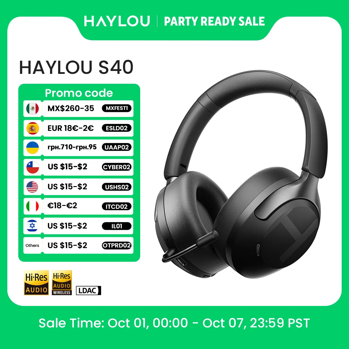 Fone de Ouvido Sem Fio HAYLOU S40 ANC com Cancelamento de Ruído de 50dB, Áudio Espacial 3D Hi-Res, LDAC, Bluetooth 6.0 e Design Over-Ear