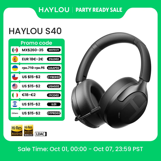Fone de Ouvido Sem Fio HAYLOU S40 ANC com Cancelamento de Ruído de 50dB, Áudio Espacial 3D Hi-Res, LDAC, Bluetooth 6.0 e Design Over-Ear