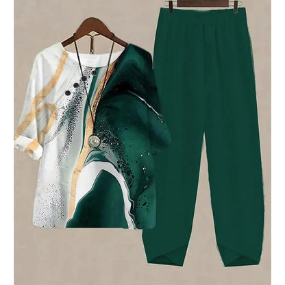 Nuevo conjunto de dos piezas para mujer, informal, cuello redondo, manga corta, estampado a rayas, top de verano para mujer, camiseta, pantalones holgados elegantes, trajes de otoño