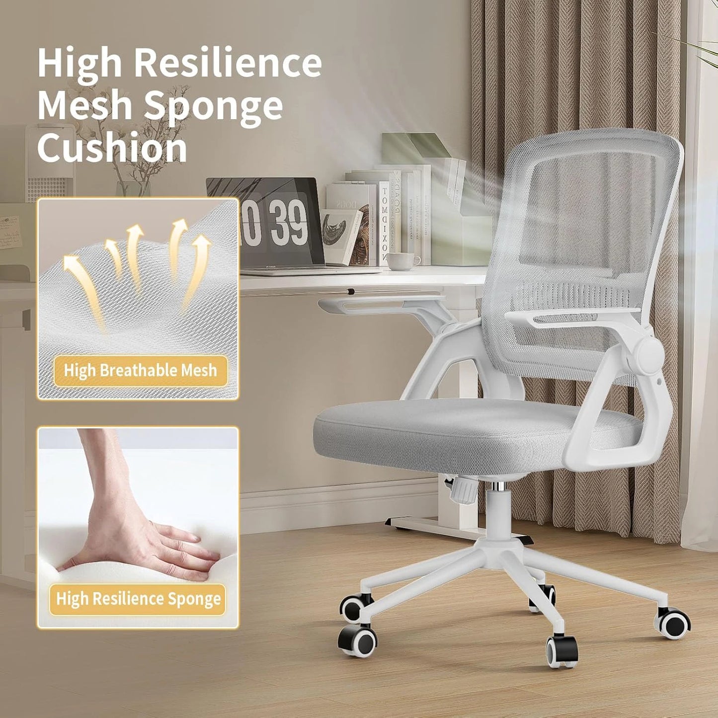 Naspaluro Office Chair Ergonomic Mesh Flip-Up Arms Gaming Chair with Mid Back Cushion Lumbar Support for Home Bedroom Working