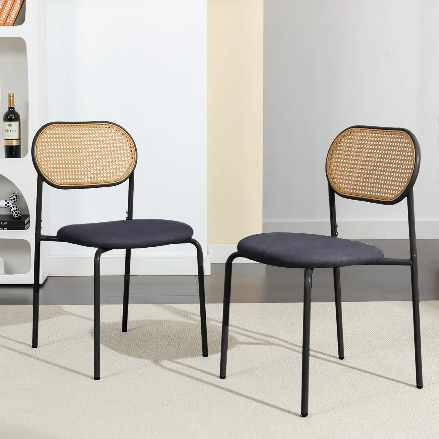 Set of 2 Rattan Dining Room Chairs, Upholstered Chair with Adjustable Metal Legs, Dressing Table Chair, Living Room Chair